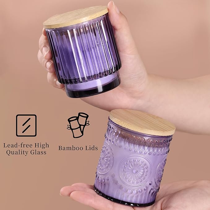 8 Pack Purple Glass Candle Jars for Making Candles-7 Oz, Empty Candle Containers, Candle Making Supplies, Candle Vessels with Bamboo Lids & Warning Labels for Home, Centerpiece Table Decor