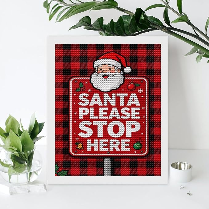 AIVKIEJK Diamond Painting Kits for Adults - Holly & Stars, Santa Please Stop Here Painting DIY 5D Full Drill Diamond Dots Paintings with Diamonds Gem Art and Crafts Home Decor 16"x20"