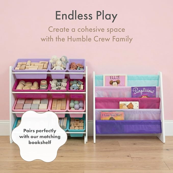 Humble Crew Kids Toy Storage Organizer with 12 Plastic Bins, White/Pink/Purple/Turquoise – Removable Bins for Playroom, Bedroom, Toddler Furniture for Boys and Girls Ages