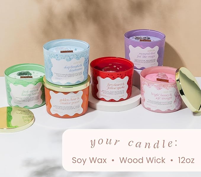 Red Crystal Candle for Women – 12oz Large Luxury Soy Wax with Crackling Wood Wick, Slow Burn Meditation with Healing Crystals, Birthday or Mother’s Day Gift