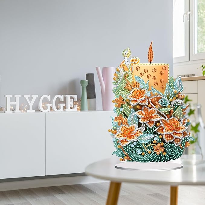 5D Diamond Art Candle Ornaments Kits, DIY Christmas Flower Candle Diamond Art Painting Desktop Ornament, Special Shaped Crystal Diamond Art Painting Tabletop Home Office Decor-04-Flower Candle