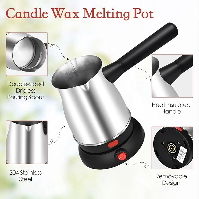 TOKPELA Wax Melter for Candle Making, Stainless Steel Electric Candle Wax Melter, Double Pouring Spout Candle Wax Melting Pot with 51IN Cord and Hot Plate, Candle Making Pot Kit for Beginners