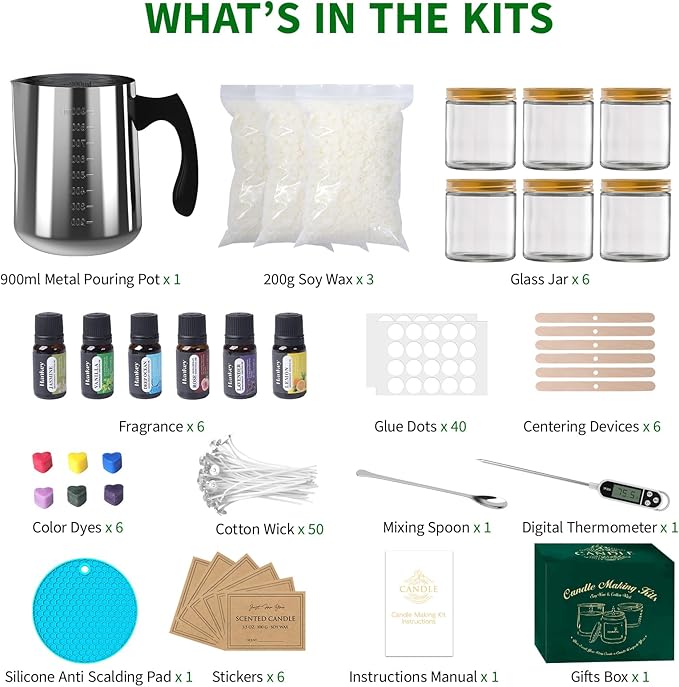 Aeraroma Candle Making Kit for Adults, Soy Candle Making Kit for Beginner - DIY Starter Candle Making Supplies with 900ml Candle Make Pouring Pot & Glass Jars, Perfect for Home Decorations