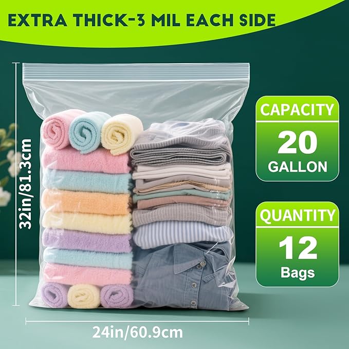 TUXIYA 12PACK 20 Gallon Extra Large Zipper Plastic Bags for Storage 24'' x 32'',Extra Large Clear Zipper Bags Reusable for Clothes, Home Moving, Travel, Camping, Thick 6 Mil
