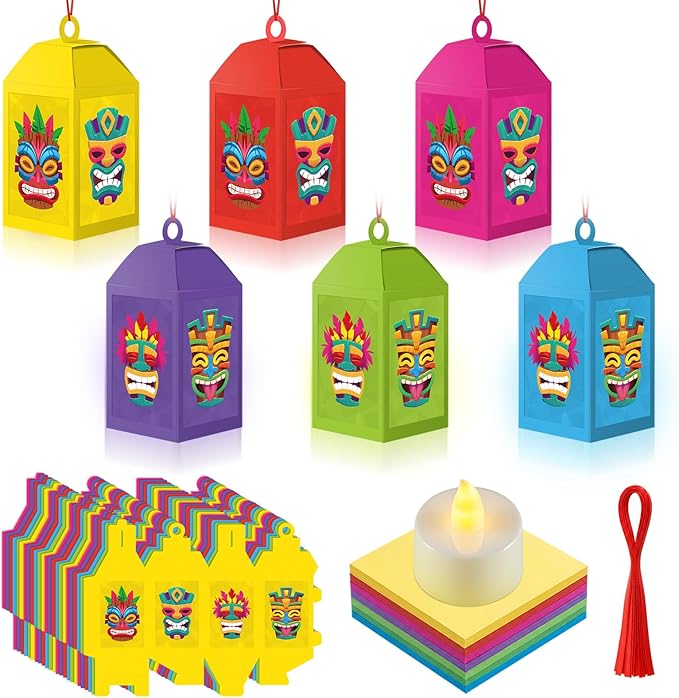 Simgoing 24 Sets Tiki Crafts with LED Candle Light Hawaii Party Decors Tiki Tissue Paper Crafts Kits DIY Your Own Tropical Totem Box Lanterns Hanging for Home Summer Luau Themed Art Party Decorations