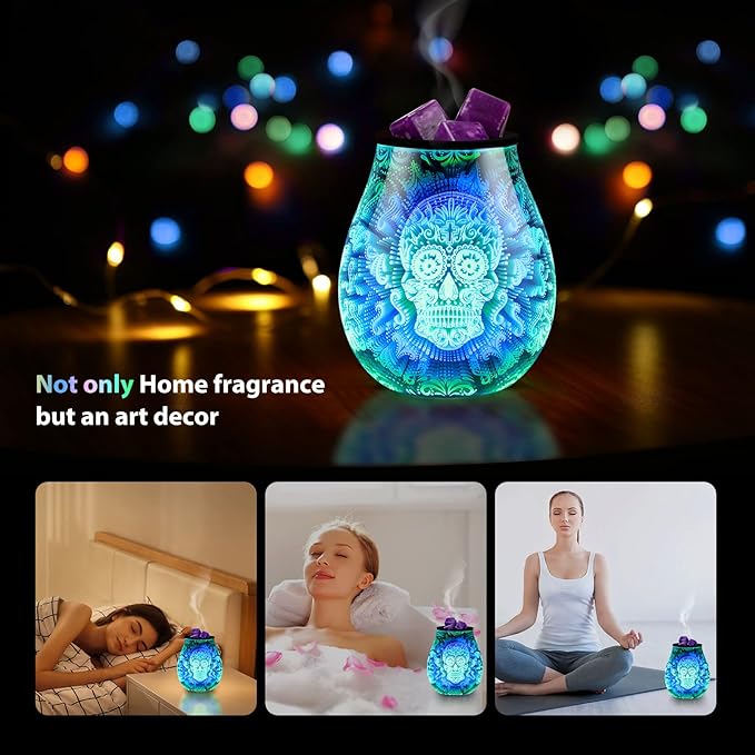 Inrorans Glass Electric Wax Melt Warmer Oil Burner with Stable Heating PTC Reusable Silicone Tray 7 Colorful Changing Led Light Night Light Scent Warmer for Home Fragrance Warmers-Skull