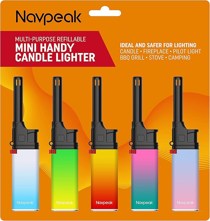 Navpeak Mini Candle Lighter Colorful Set Multipurpose Utility Lighters with Extended Wand Handy Gas Refillable for Kitchen Fireplace Pilot Light BBQ Grill Stove 5 Pack (Butane Included)