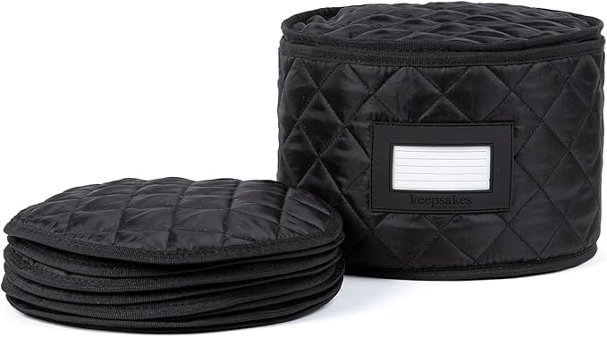Covermates Keepsakes Dish Storage Case – Padded China & Dinnerware Organizer, Quilted Polyester Protection, ID Window, Zipper Closure, Machine Washable, Black