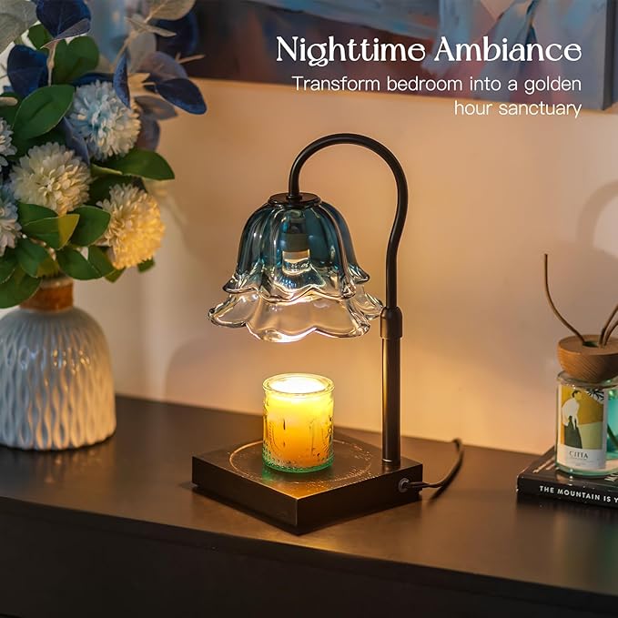 Candeldo Candle Warmer Lamp with Timer: Navy Blue Flower Candle Warming Lamp with 2 Bulbs Height Adjustable Wax Warmer Dimmable Bedroom Decor Mothers Day Birthday Gift for Women