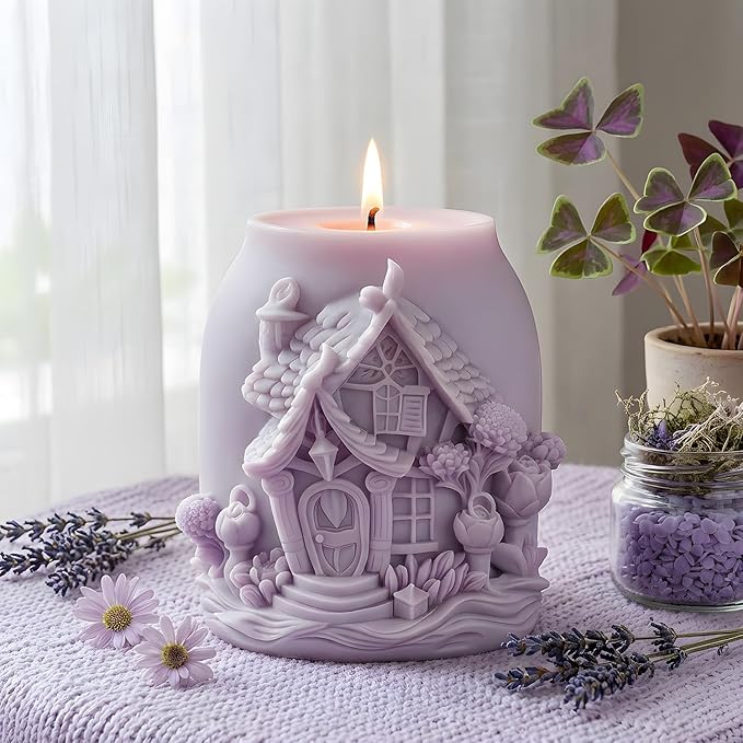 XIAOSHUI Magic House Relief Cylinder Candle Molds 3D Fairy Forest House Candle Silicone Mold for Candles Making Resin Casting Aromatherapy Candles Gypsum Craft Home Decorate