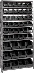 Quantum Storage Systems QSBU-230240BK Giant Open Hopper Steel Shelving System, 12" D x 36" W x 75" H, with 10 Shelves and 36 QUS230 and 12 QUS240 Bins, Black