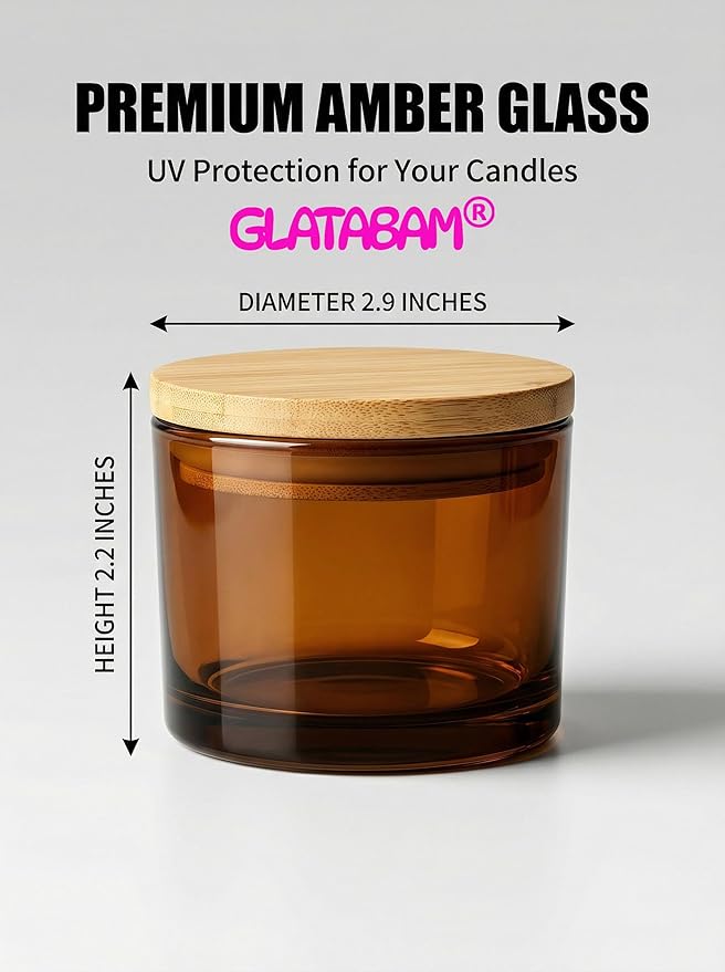 GLATABAM 4 OZ Candle Jars 12 Pack - Bulk Glass Candle Making Jars with Bamboo Lids & Labels, Heat Resistant Empty Reusable Candle Vessel for Containers(Amber)