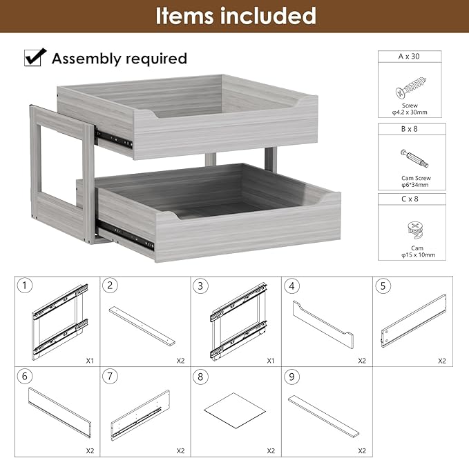 Pull Out Drawers For Cabinets, 25" W x 21.65" D x 17" H Slide Out Wooden Pull out Drawers, 2-Tier, Heavy-Duty Base Bottom Assembly Slide out Drawer Shelf Cabinet Organization for Kitchen, Gray