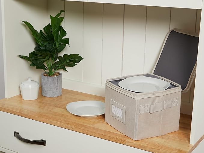 Covermates Dish Storage Box – China & Dinner Plate Storage Container with Dual Zippers, Reinforced Handles, ID Window & Stackable Structured Walls for Dishware Organization, Beige Heather