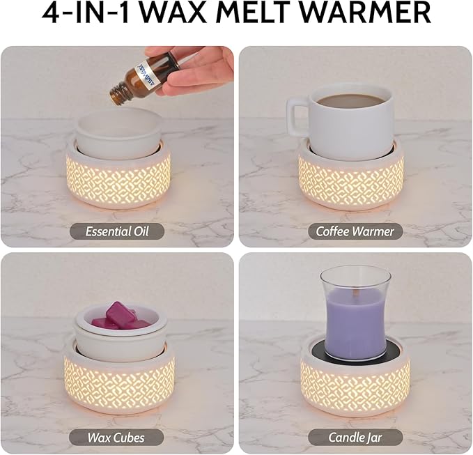 Ceramic Candle Warmer and Wax Melt Warmer with 7 Colors LED Night Light and 1 PC Silicone Liner,4-in-1 Electric Warmer for Jar Candle Wax Cube Essential Oil Coffee, Ideal Gift for Home Office Kitchen