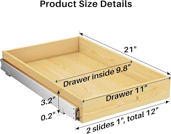 Pull Out Cabinet Organizer, Soft Close Wooden Slide Out Drawers for Pots and Pans, Full-extension Roll Out Shelves for Kitchen Cabinets, Pantry Organization, Bottom & Side Mount( 12"W X 21"D x 3.4''H)