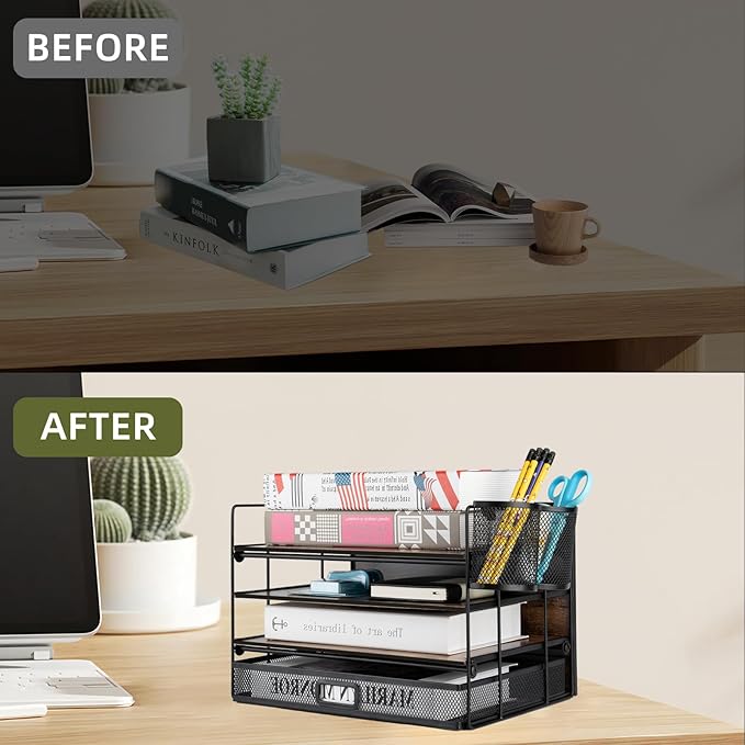 4 Tier Desk Organizers and Accessories, Paper Letter Tray Organizer,Vintage Wood Desk File Organizer with Drawer and 2 Pen Holders for School Home Office Supplies