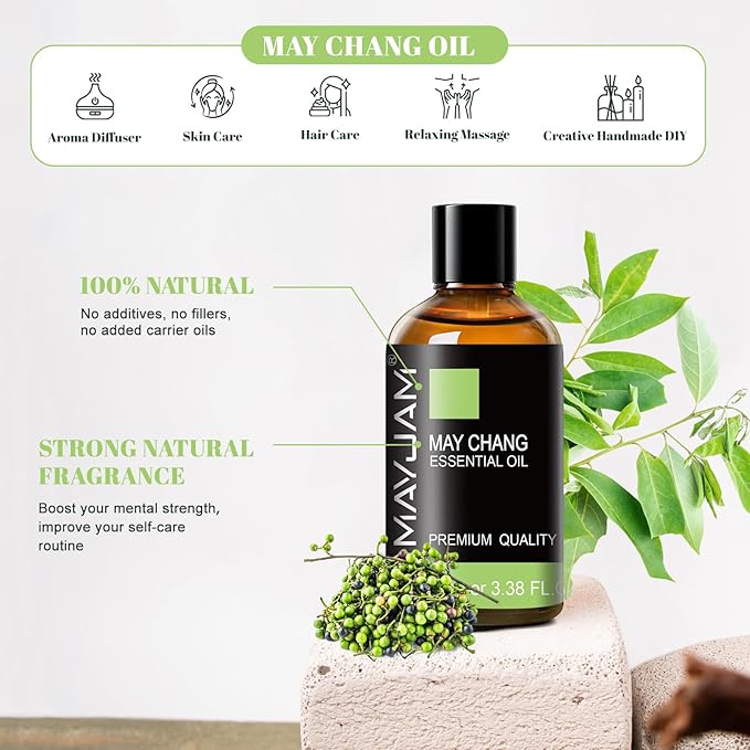 MAYJAM May Chang (Litsea Cubeba) Essential Oils 3.38 FL.OZ Pure May Chang Oil for Massage Skin Care Hair Care Diffuser Candle and Soap Making - 100ml