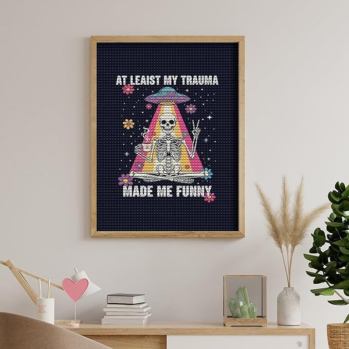 KIVJMSIDJA Diamond Art Kits for Adults Skull Skeleton “At Least My Trauma Made Me Funny” DIY Round Diamond Art for Home Wall Decor & Crafts Gifts 12"x16"