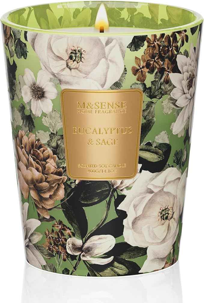 M&SENSE Eucalyptus Sage Soy Candle, 14.1oz 60H Slow Burning, Aromatherapy Candle for Sleep Support Winter Home Fragrance Housewarming Gifts
