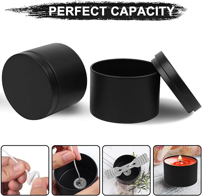 DINGPAI 24 Pcs Black Candle Tins, 4 oz Black Empty Candle Tin with Lids for DIY Candles Making, Matte Full Black Candle Jars for Candle Making, Storage, Christmas Candle Gifts