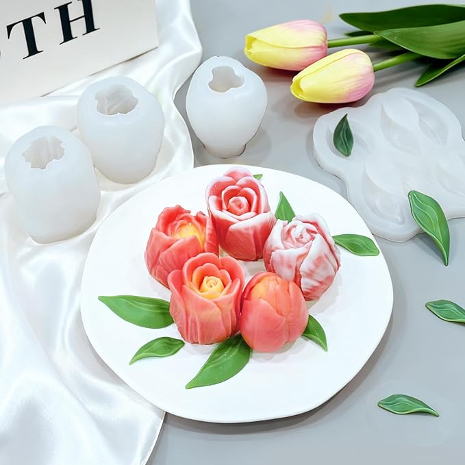 4 PCS Tulip Candle Molds with Leaf Mold, 3D Tulip Flower Silicone Molds for Candles Making Handmade Soap Clay Plaster Epoxy Resin Casting Home Decorations Mothers Day Gift