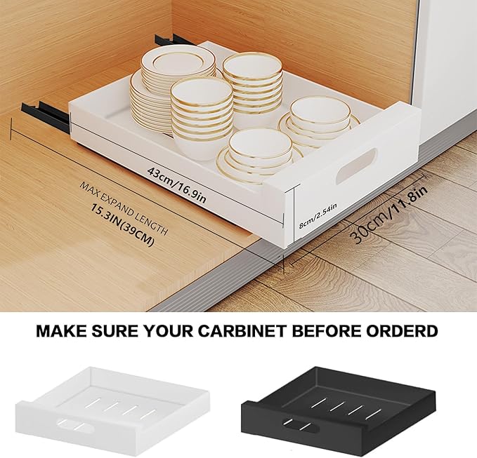 1 Pack Pull Out Cabinet Organizer Adhesive, 12'' W x 16.9"D x 3.1'' H Heavy Duty Carbon Slide Out Pantry Shelves, Sliding Drawer Pull Out Pantry Shelves for Kitchen, Living Room, Home