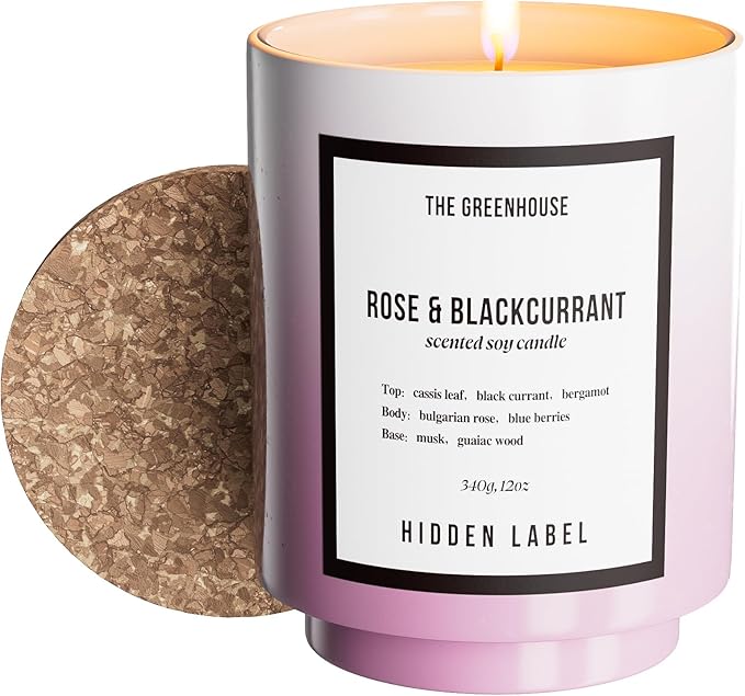 Hidden Label Rose Blackcurrant Soy Candles, 12oz Natural Soy Wax, 75 Hours Long Lasting Clean Burn, Scented Candles Gifts for Women, Valentine's Day, Stress Relief, Meditation, Relaxation