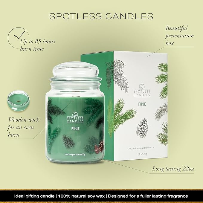 Pine Candle - Large 22oz Glass Jar with Wooden Wick 130 Hours Burn Time - Decorated Jar Within a Presentation Gift Box and Protective Shipping Box