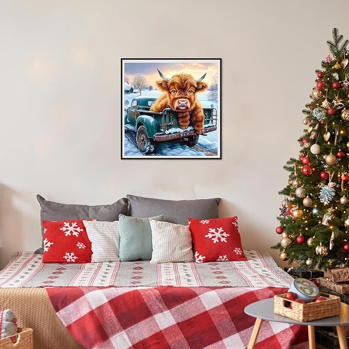 SENQAO Cow Diamond Art Kits for Adult, Christmas Truck Diamond Painting Kits for Beginners, DIY Full Drill Winter Holdiay Rhinestone Diamond Dots Gem Painting Art Craft Home Decor 12 x12 Inch