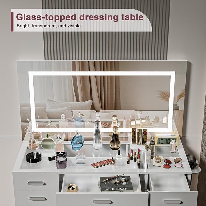 Vanity Desk with Mirror and Lights, 50" Makeup Vanity with Glass Top & Power Outlet, White Vanity with 11 Drawers & 8 Hidden Storage Shelves, 3 LED Lighting Modes Adjustable for Bedroom (WHITE)