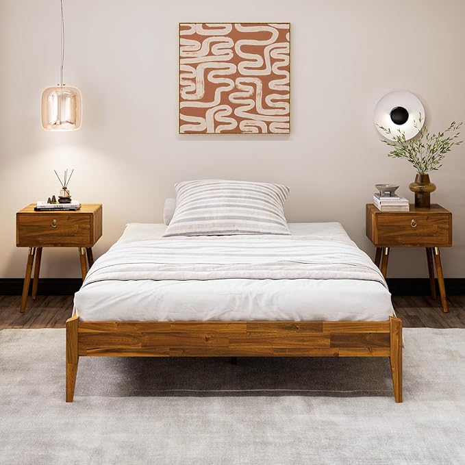 Bme Dinkee 15 Inch Signature Bed Frame Without Headboard - Modern & Minimalist Style with Acacia Wood - 12 Strong Wood Slat Support - Easy Assembly - No Box Spring Needed - Caramel, Full