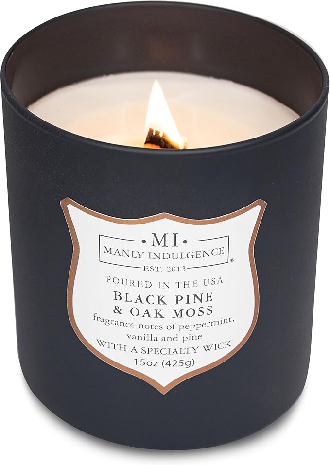 Manly Indulgence Black Pine Oakmoss Scented Candles for Men, 15 oz Wooden Wick, Premium Soy Blend Wax, 60H Burn, Candles for Home Scented - Made in The USA