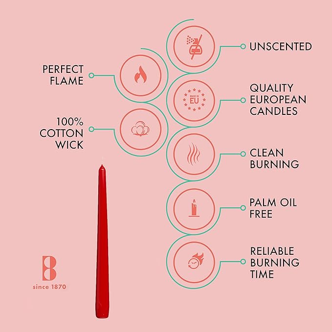 BOLSIUS 60 Count Unscented 10 Inch Red Household Taper Candles - 8 Hours Burn Time - Premium European Quality - Smokeless Dripless Taper Candlestick - Great for Special Occasion, Church, and Everyday