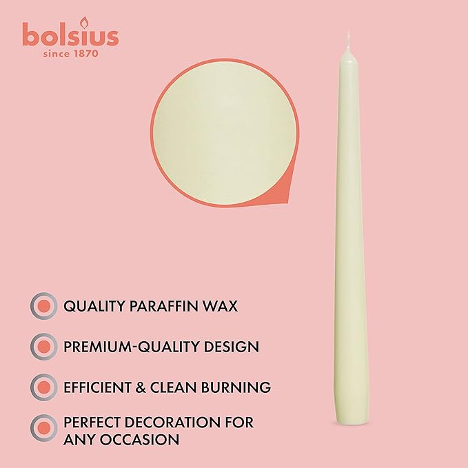 BOLSIUS Long Household Ivory Taper Candles - 10-inch Unscented Premium Quality Wax - 8 Hours Long Burning Dripless Candles Bulk Pack of 30 for Home Décor, Wedding, Parties and Special Occasions