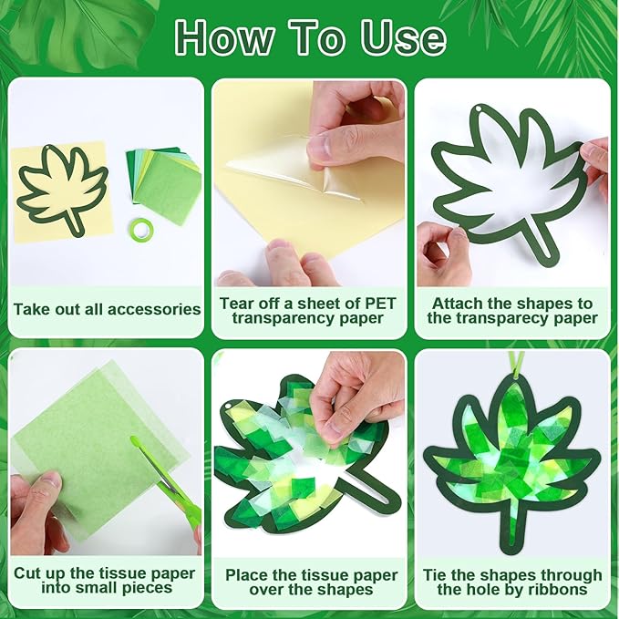 Qyeahkj 36 Set Palm Sunday Suncatchers Crafts for DIY Easter Palm Leaves Window Tissue Paper Crafts Kit Green Leaf Hanging Decor for Spring Home Activity Art Project Party Favor Gift