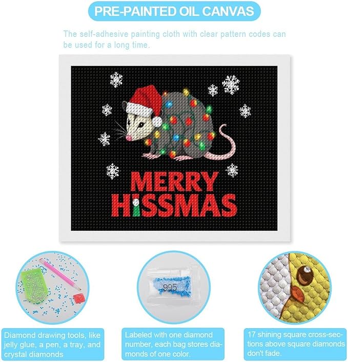 AIVKIEJK Diamond Painting Kits for Adults - Christmas Possum Merry Hissmas Painting DIY 5D Full Drill Diamond Dots Paintings with Diamonds Gem Art and Crafts Home Decor 16"x20"