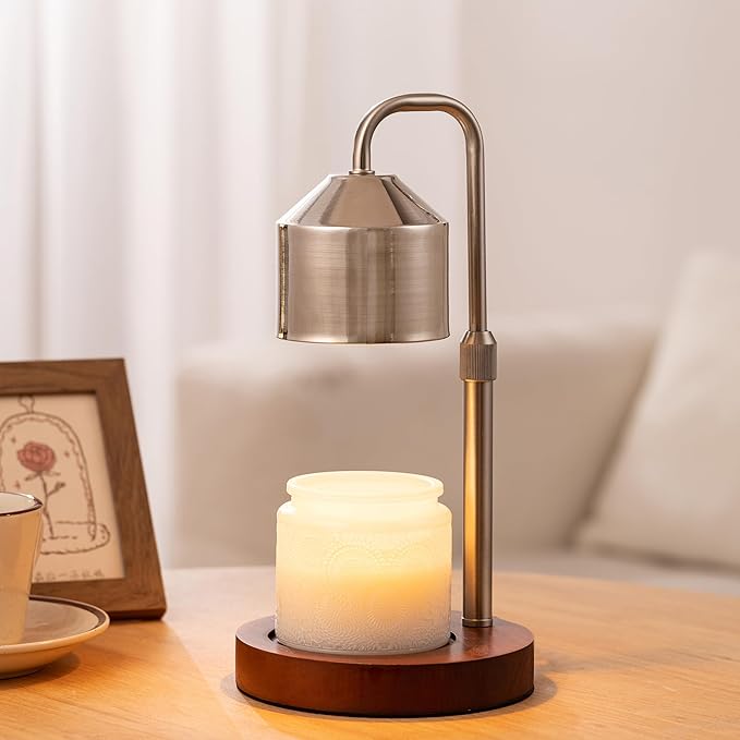 Candle Warmer Lamp with Timer Dimmable,Electroplated lampshade and Wooden Base,Height Adjustable Candle Warmer with 2 Bulbs,Gifts for Women Mom Bedroom Decor with Wax Tray