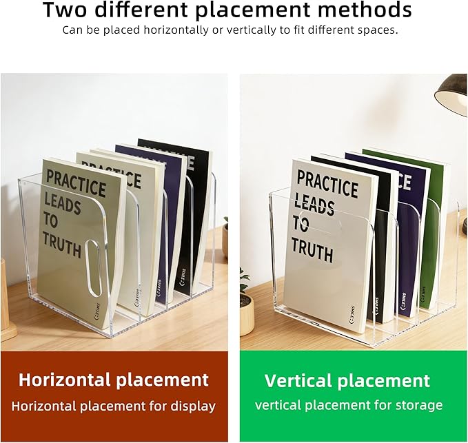 4 Vertical Compartments Clear Acrylic Magazine & File Holder – Multipurpose Desk Organizer for Office, Tablets, Magazines, Books – Documents/Home/Classroom Rack