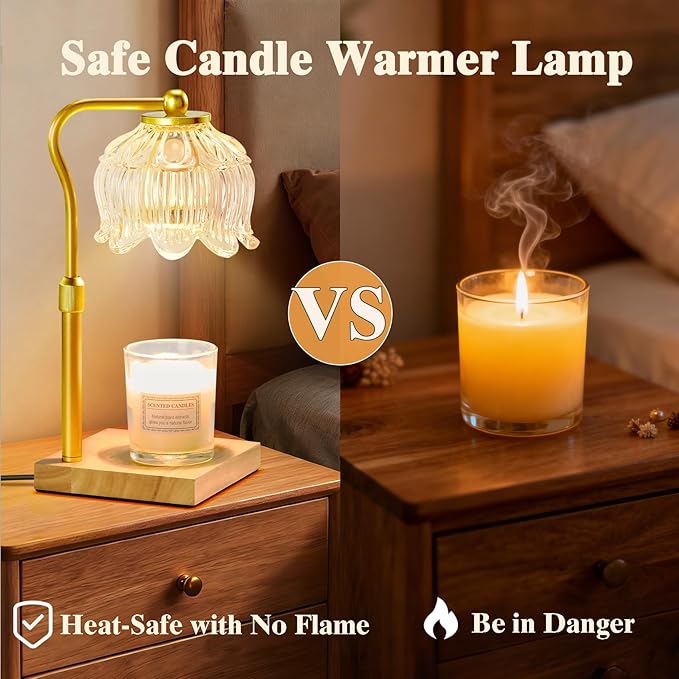 Shevvi Candle Warmer Lamp with Timer, Dimmable Candle Warmer for Jar Candles, Gifts for Women Mom, Height Adjustable Wax Melt Warmer, House Warming Birthday Gift, New Home Decor, Natural Wood