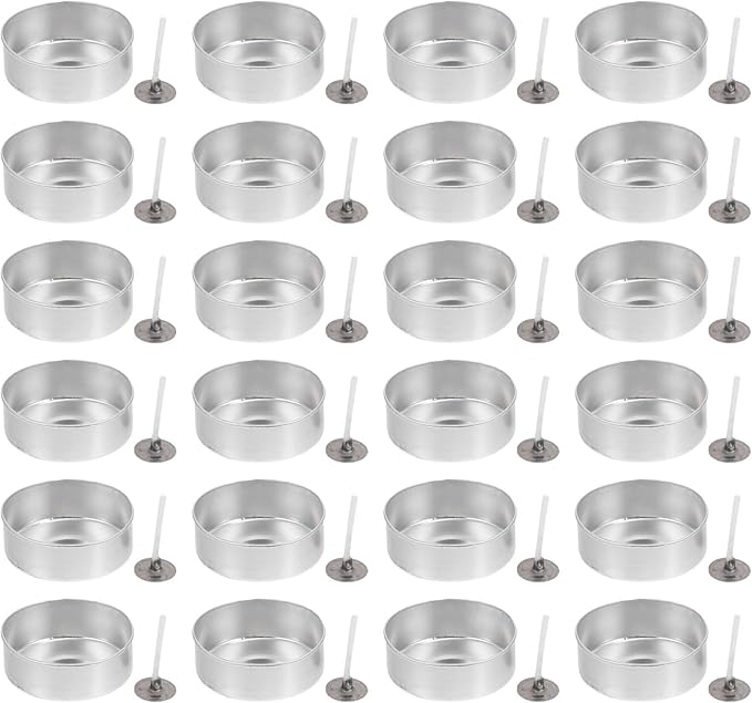 DOITOOL 100 Pcs Aluminum Tea Lights Cups, Round Empty Case Candle Wax Containers Candleholder, Metal Tea Light Tins with 100 Pcs Candle Wicks for Christmas Wedding Holiday Table Decoration