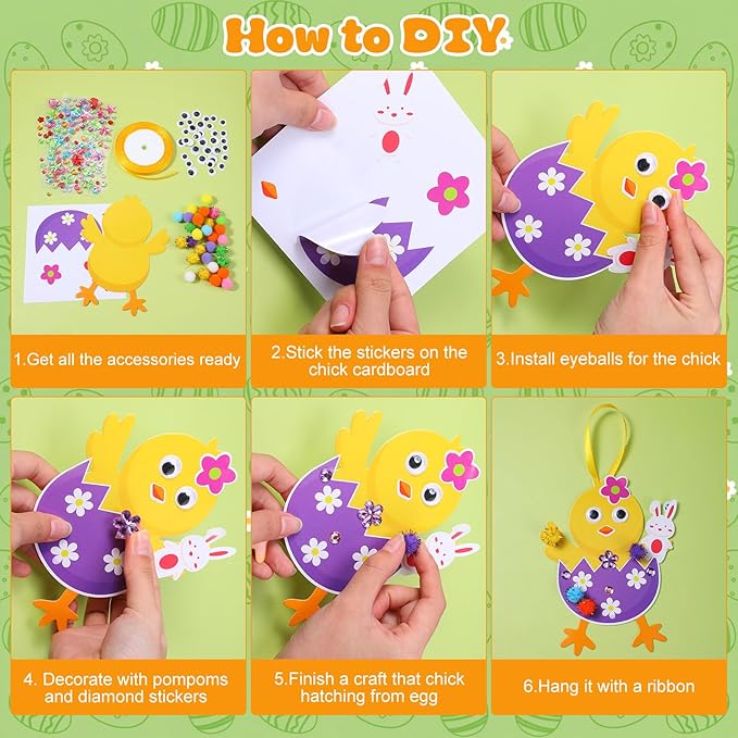 Funrous 48 Sets Easter Crafts Kit Easter Egg Chick Paper Crafts DIY Make Your Own Chick Hanging Ornaments Decorations with Pompoms Diamond Stickers Spring Classroom Activity Arts Gifts Party Favors