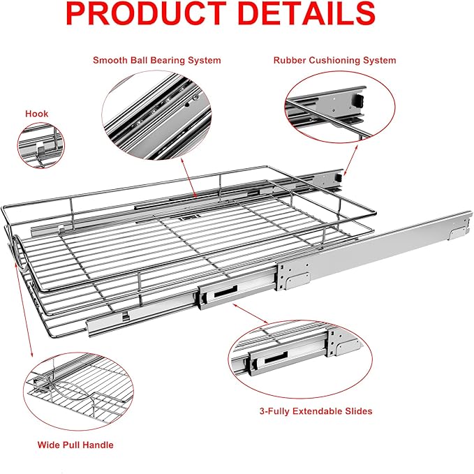 Sikarou Pull Out Cabinet Organizer 23" W x 21" D, Heavy Duty Kitchen Cabinet Pull Out Shelves, Slide Out Wire Basket for Kitchen Cabinets, Bathroom, Pantry, Chrome Finish