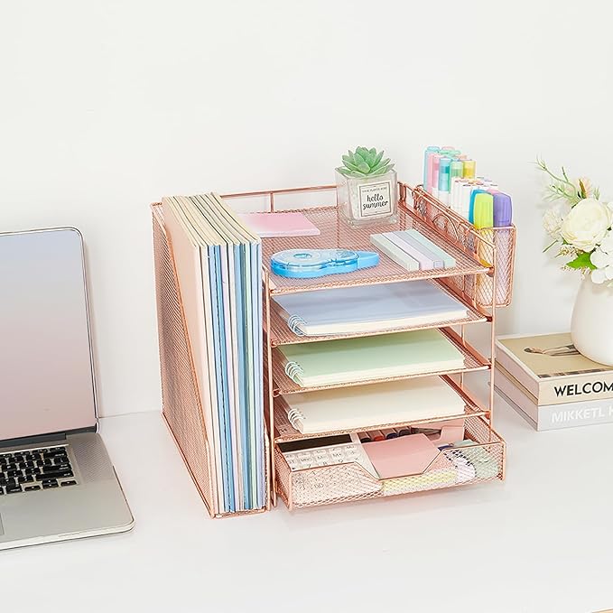 Desk Organizer, 5-Tier Paper Letter Tray Organizer with File Holder, Drawer and Pen Holder, Desktop Organizer for Office Supplies, Rose Gold