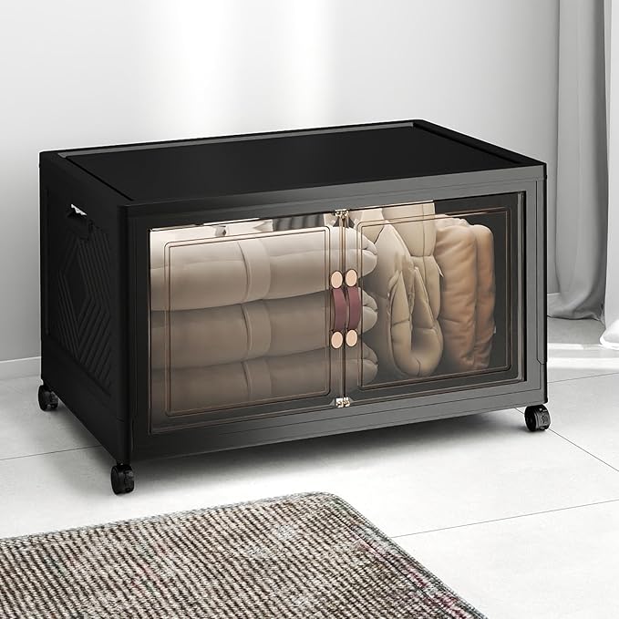 UAMFURI Stackable Storage Bins with Lids, 180QT Closet Organizers, Lockable Storage Cabinet，Foldable Storage Box with Doors and Wheels, Plastic Drawers for Home, Garage, Office (1, Black, Extra Large)