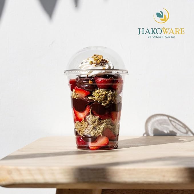 [200 SET]HAKOWARE 16oz Ultra Clear Disposable Plastic Cold Cups with Open Hole Dome Lids, PET Party Drinking Cups, Iced Coffee Smoothie Cold everage, Dubai Chocolate Strawberry Cups