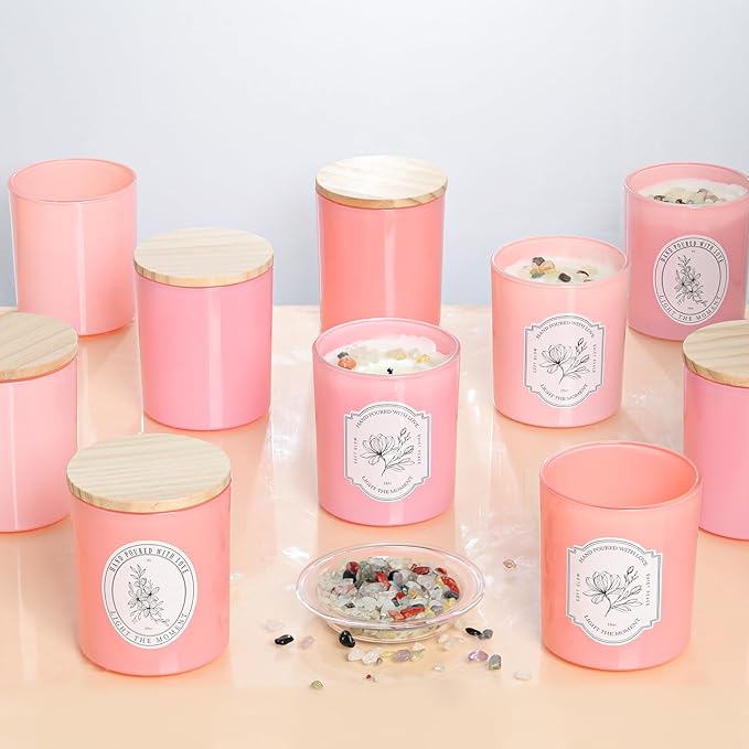12Pcs Assorted Pink Glass Candle Jars with Wooden Lids for Making Candles, 10 OZ Empty Candle Jars with Labels and 100g Crystal Rocks, Candle Making Supplies Candle Containers for Home DIY & GIFTS