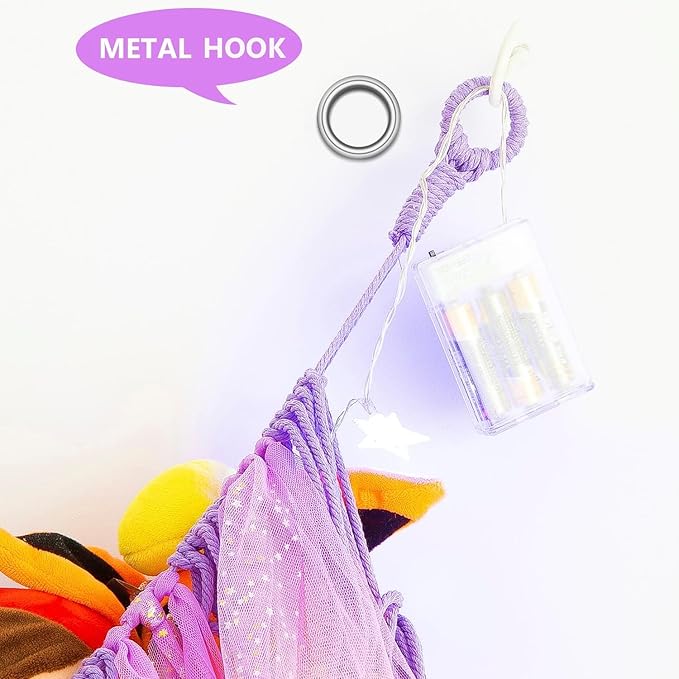 Large Stuffed Animal Net or Hammock with Led and Mesh Ribbon Wall Hanging Toy Net for Stuffed Animals Creative Stuff Animal Storage Ideas Macrame Toy Hammock Stuffed Animal Hammock-Purple