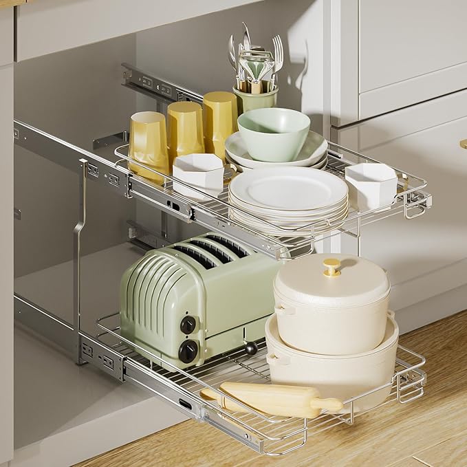 Delamu 14" W X 21" D Pull Out Cabinet Organizer, 2 Tier Heavy Duty Cabinet Shelf Organizers, Cabinet Slide Out Shelves for Kitchen, Pantry and Bathroom, Silver