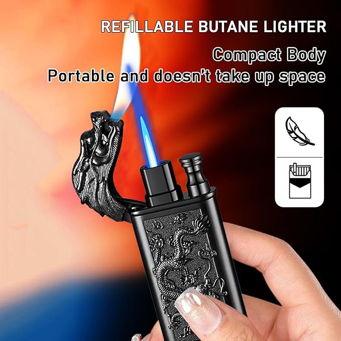 Torch Lighter, Relief Dragon Design Magic Dual Flame Lighter with Adjusting Flame Tool, Creative Windproof Lighters, Cool Jet Flames Refillable Butane Lighters for Outdoor Indoor-Silver Dragon